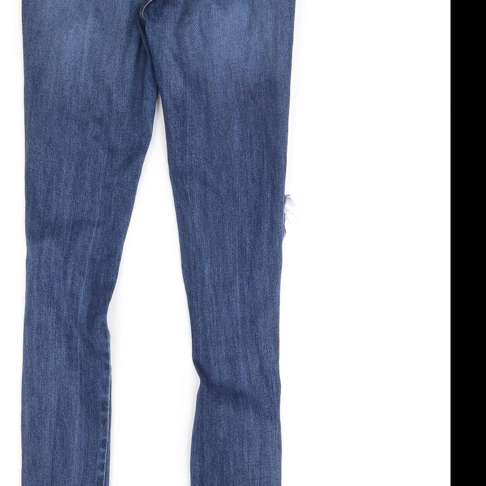 Brand and care label for Fashion Nova women’s blue denim skinny jeans, size UK 28, in, 29-inch leg