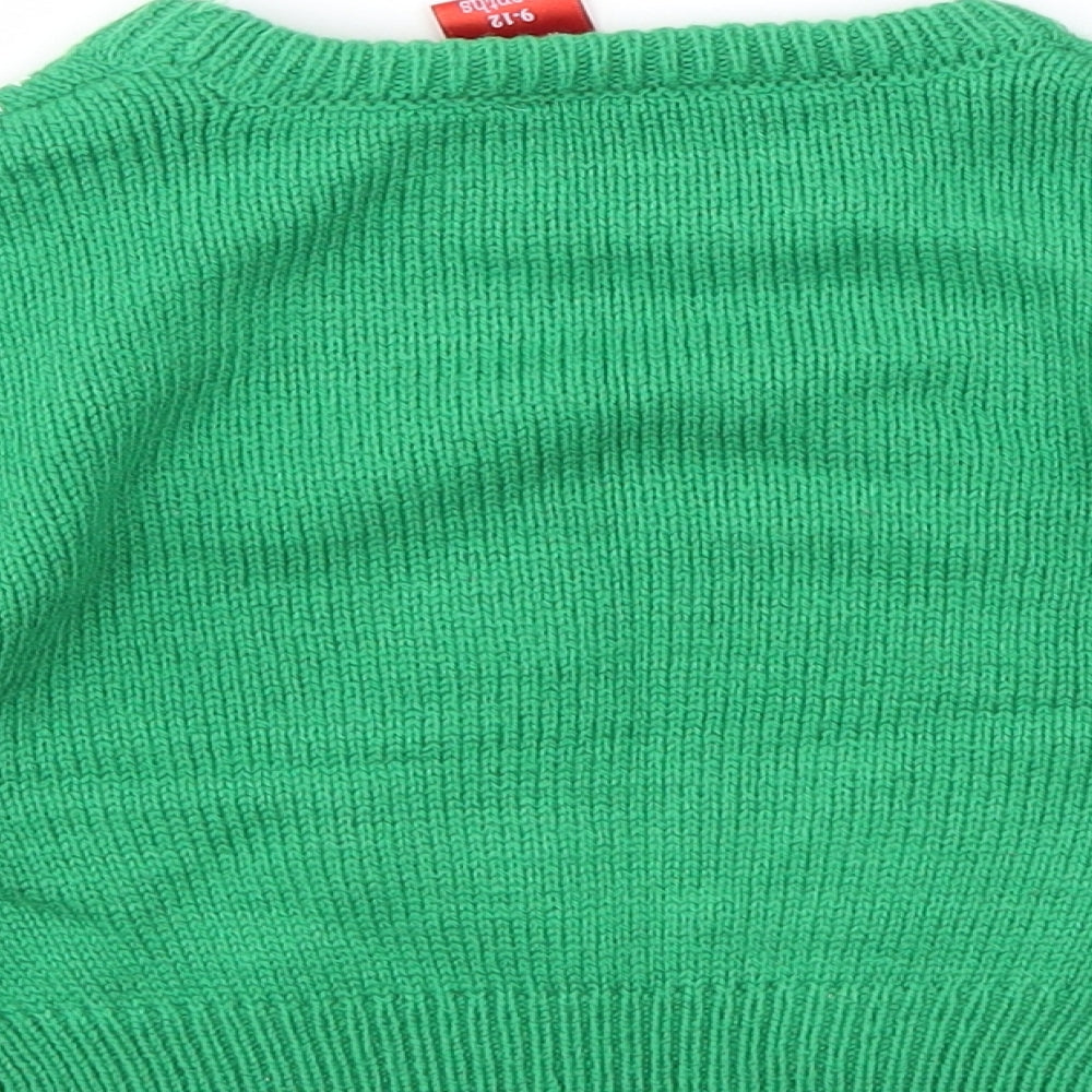 Brand and care label for Santas little Helper boys’ green jumper, size 9-12, months