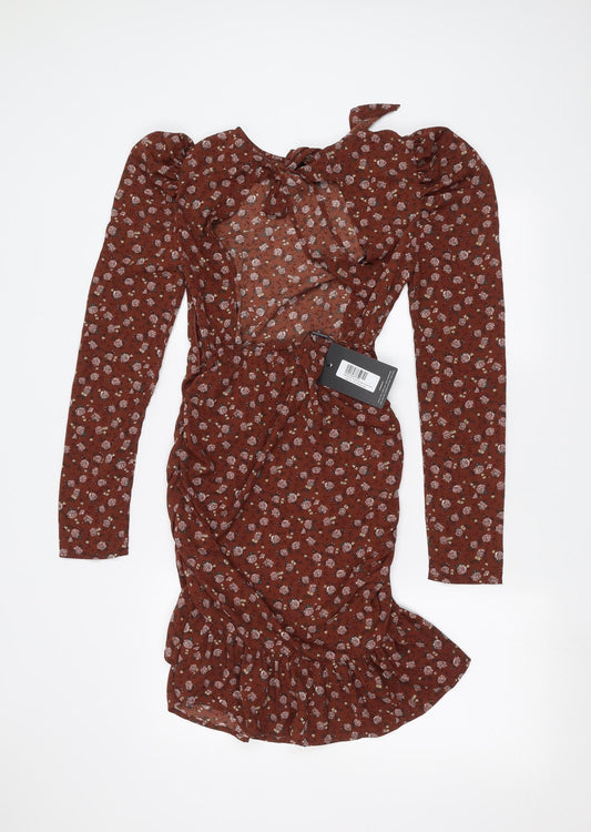 PRETTYLITTLETHING Womens Brown Floral A-Line Size 6