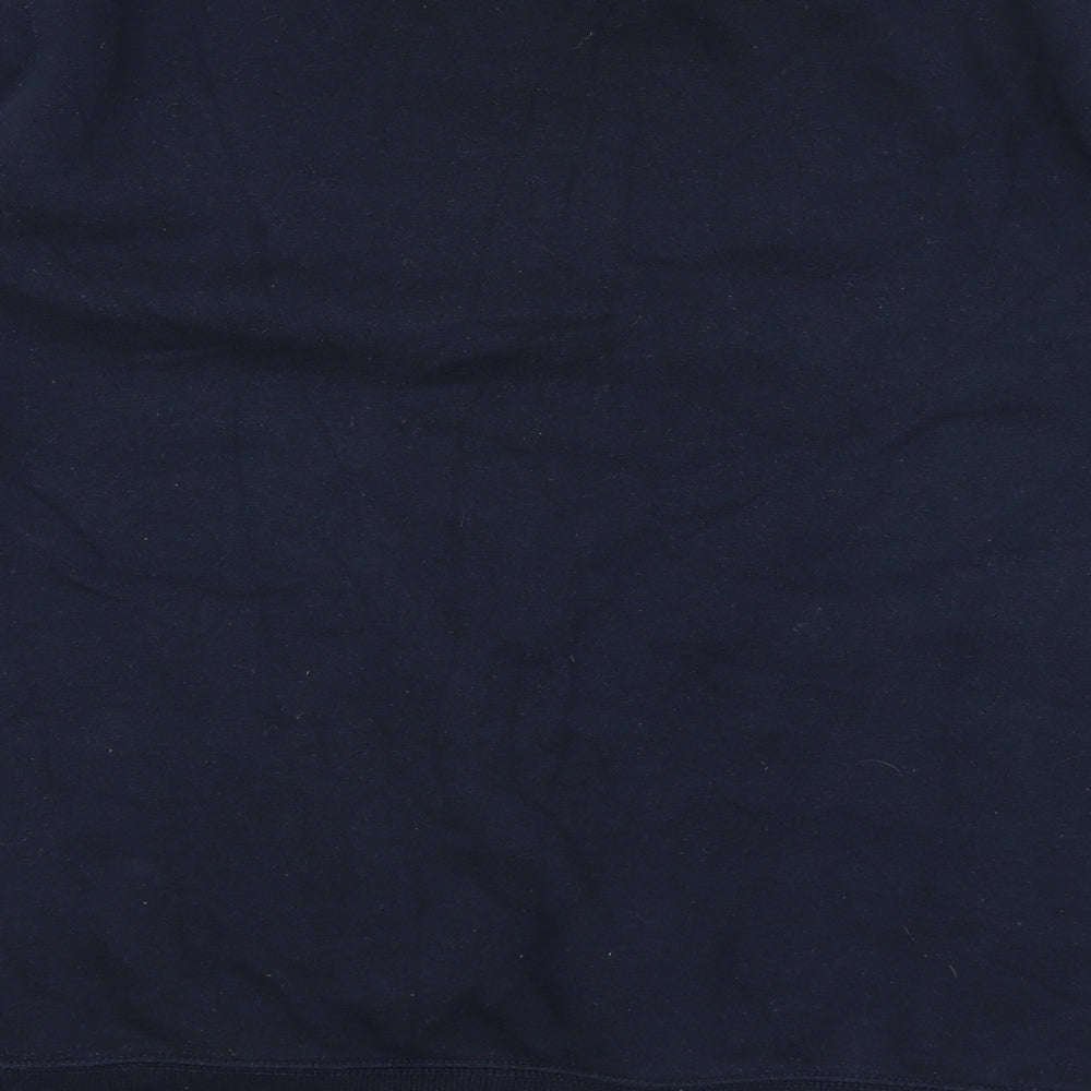 Brand and care label for Easy men’s blue pullover sweatshirt, size S