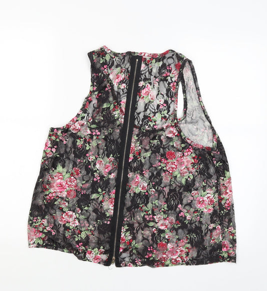 Select Womens Black Floral Basic T-Shirt Size 12 - Zip back