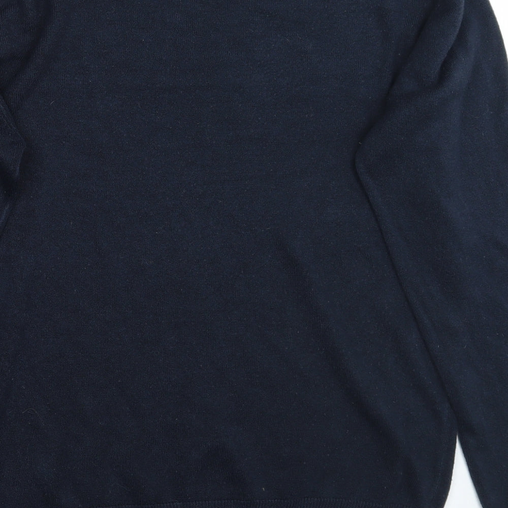 Brand and care label for Easy men’s blue jumper, size M