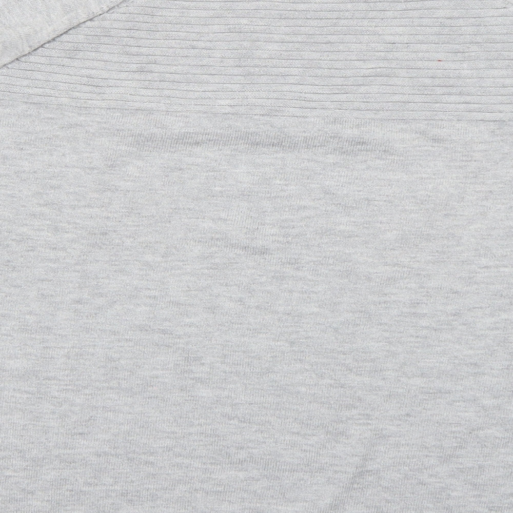 Brand and care label for ASOS women’s grey striped pullover sweatshirt, size UK 10