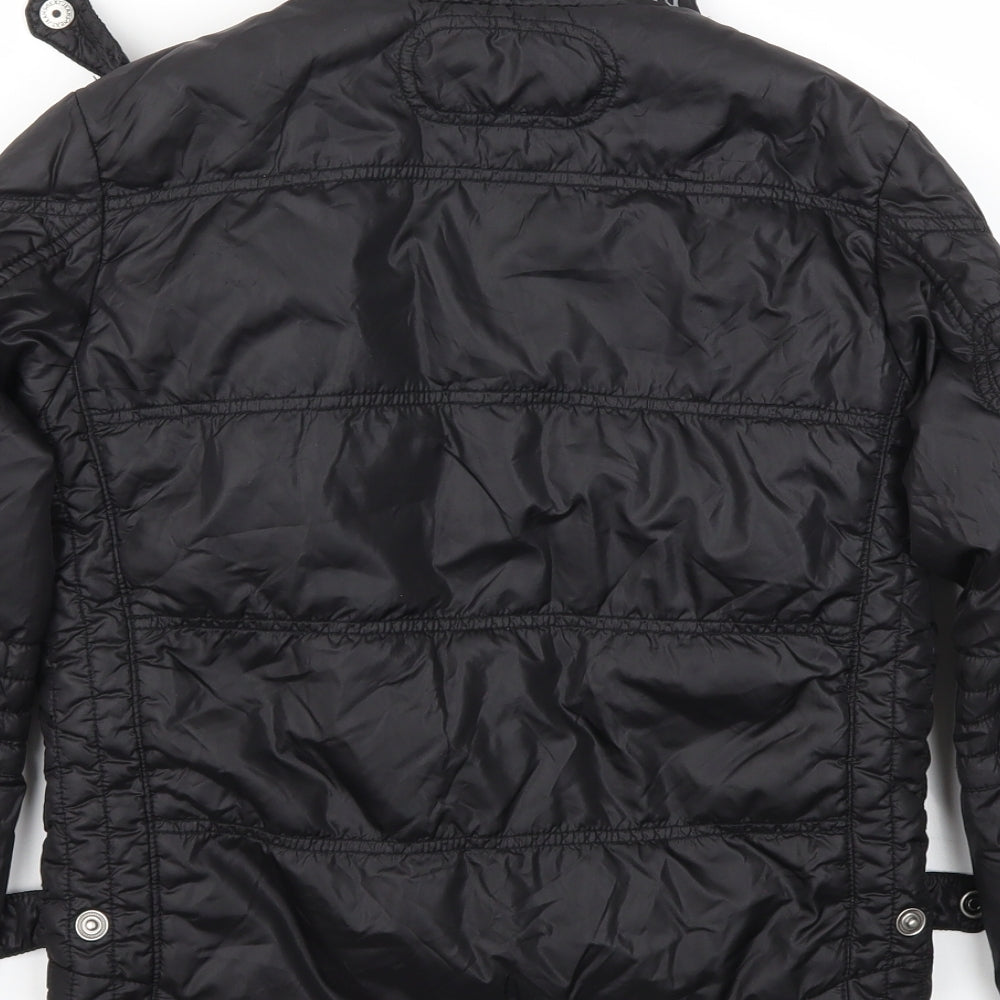 Brand and care label for LITTLE UNIT boys’ black basic coat coat, size 9, years