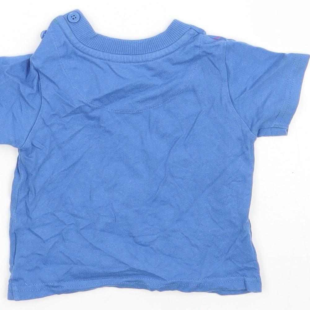 Brand and care label for John Lewis boys’ blue basic t-shirt, size 3-6, months