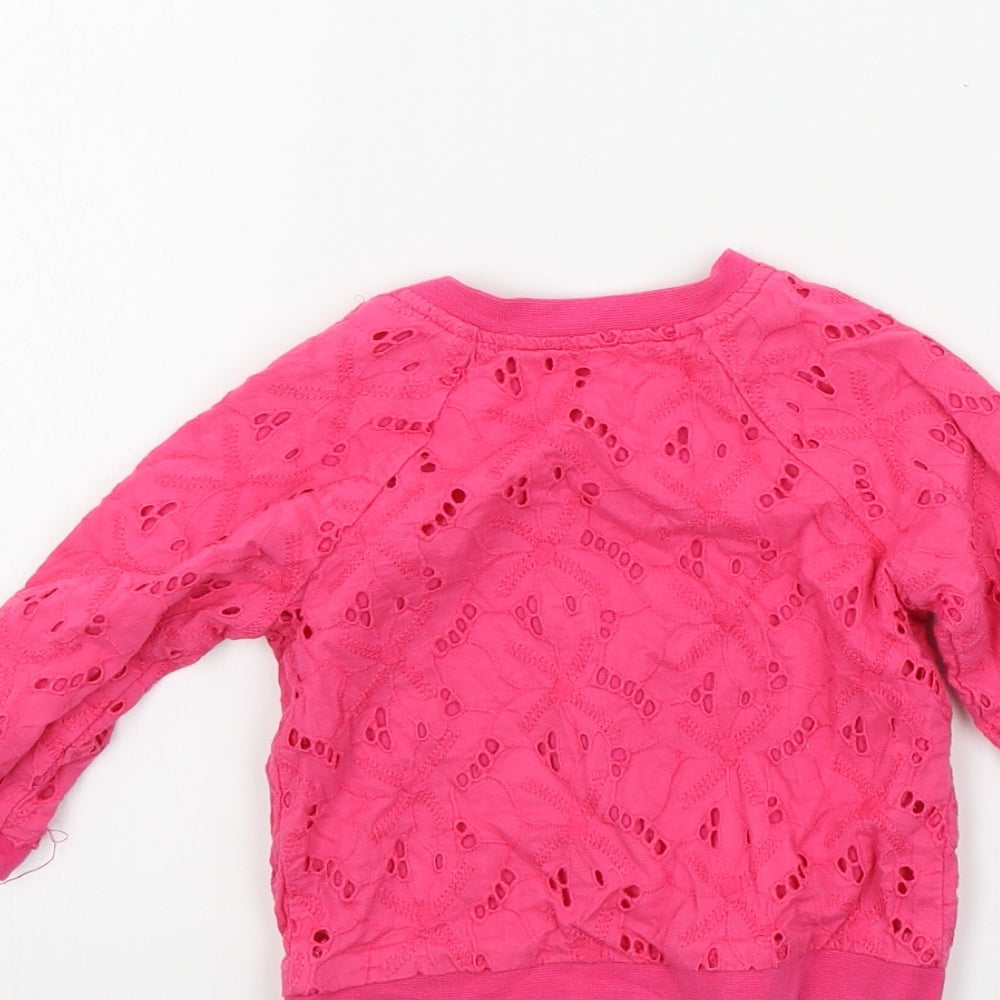 Brand and care label for Tu girls’ pink colourblock full zip jumper, size 3-6, months