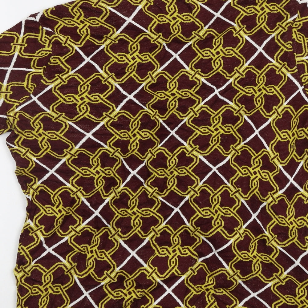 Brand and care label for ASOS women’s brown geometric jumper, size M