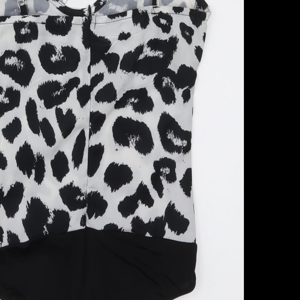 PRETTYLITTLETHING Womens Black Animal Print Bodysuit One-Piece Size 4 - Black and White