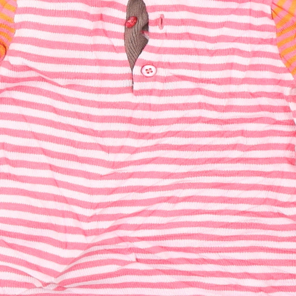 Brand and care label for Mini Club girls’ pink striped knit jumper dress, size 3-6, months