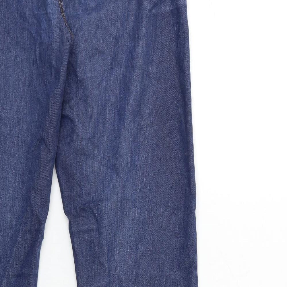 Brand and care label for Denim & Co. women’s blue denim straight jeans, size UK 8, 34-inch leg
