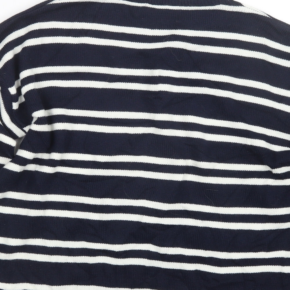 Brand and care label for Papaya women’s blue striped knit jumper, size M