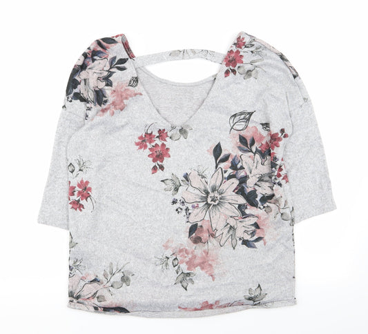 Papaya Womens Grey Floral Basic T-Shirt Size 8
