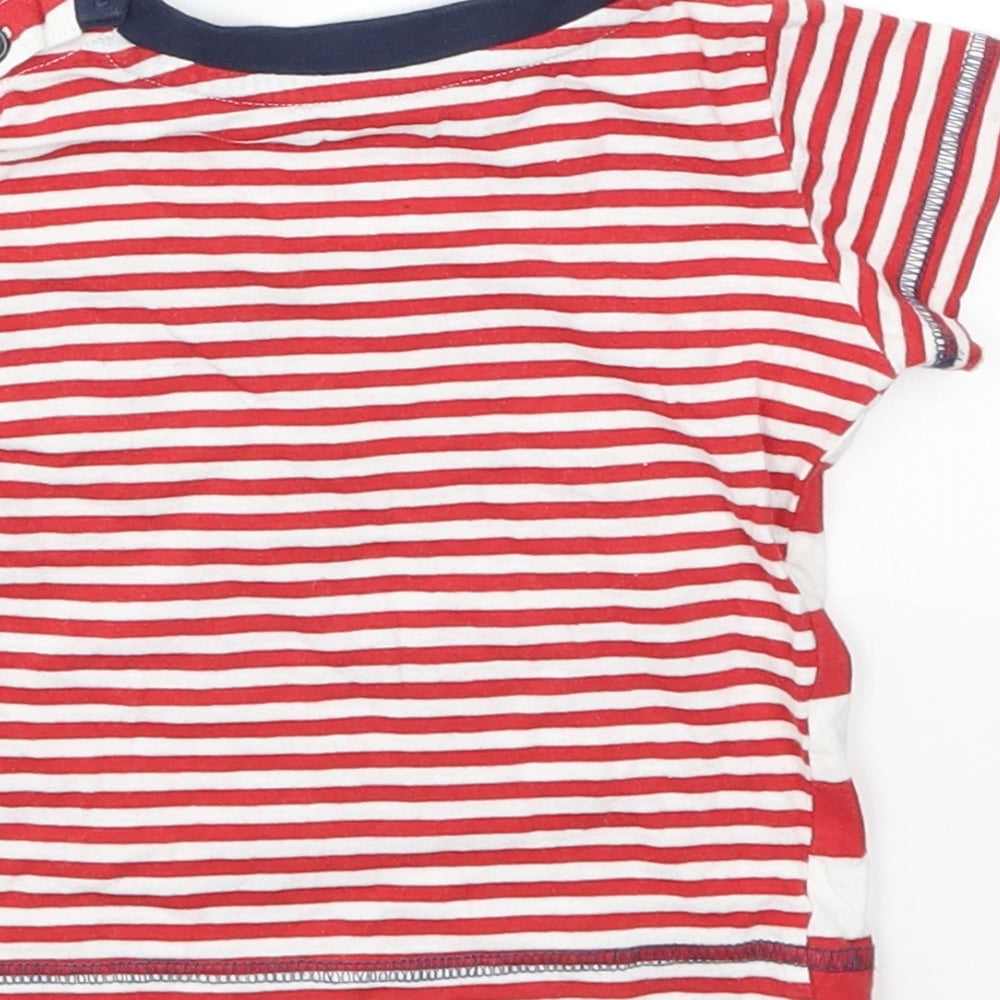 Brand and care label for Matalan boys’ red striped basic t-shirt, size 6-9, months