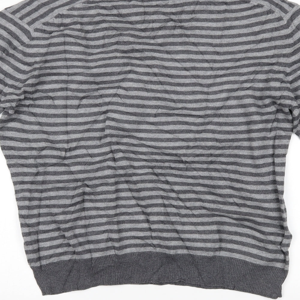 Brand and care label for Dunnes men’s grey striped jumper, size M