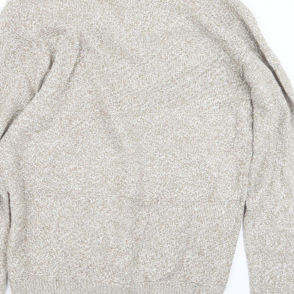 Brand and care label for Easy men’s beige knit pullover sweatshirt, size L