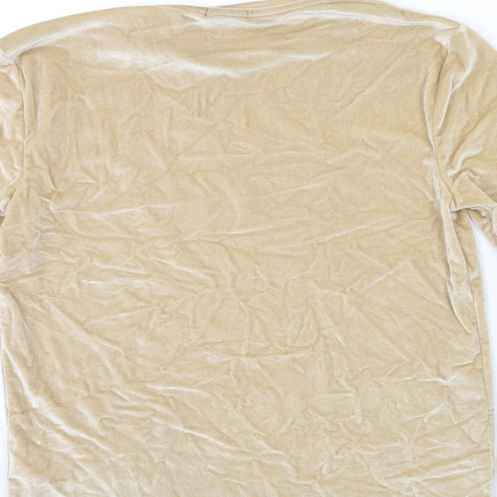 Brand and care label for ASOS women’s gold velour pullover sweatshirt, size M
