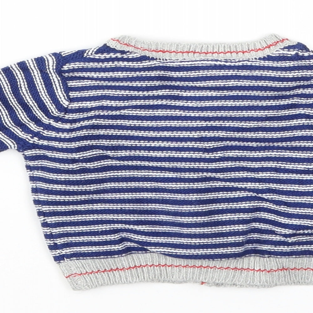 Brand and care label for Mini Club boys’ blue striped cardigan jumper, size 0-3, months