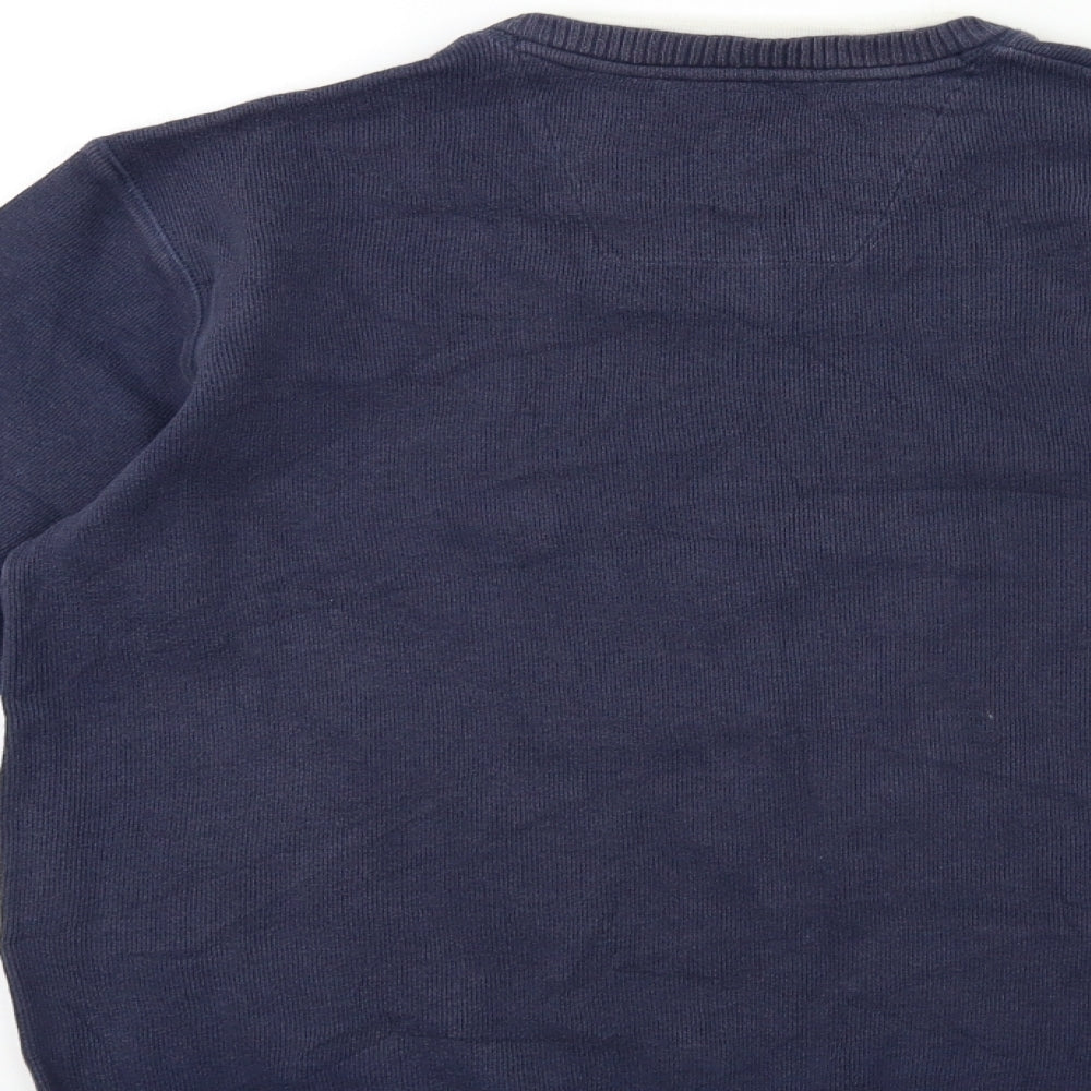 Brand and care label for Easy men’s blue knit jumper, size S
