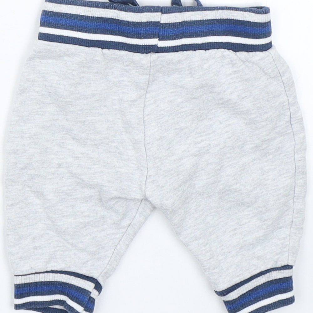 Brand and care label for Mothercare boys’ grey striped sweatpants, size 0-3, months - 0-1 months