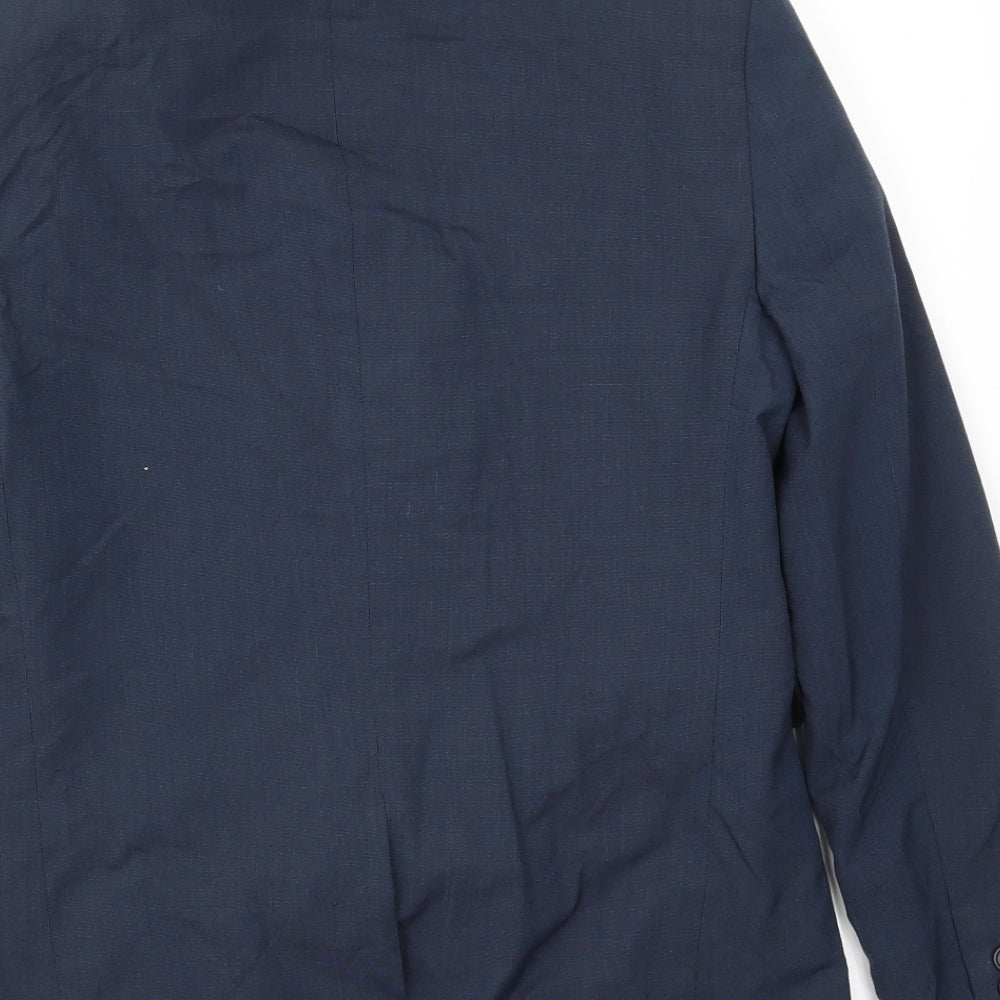 Brand and care label for ASOS men’s blue jacket blazer, size 34