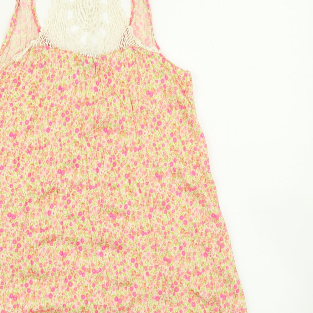 Brand and care label for Miss Selfridge women’s orange floral basic tank, size UK 8