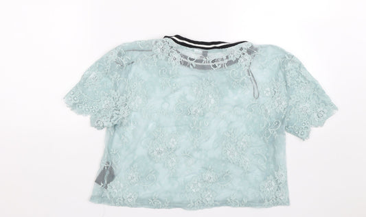 H&M Womens Blue Floral Lace Basic T-Shirt Size S - Transparent