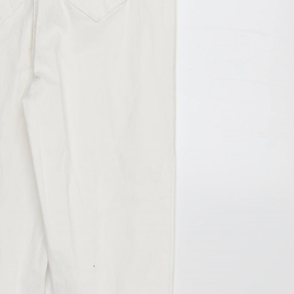 Brand and care label for /Denim women’s white denim straight jeans, size UK 12, 26-inch leg