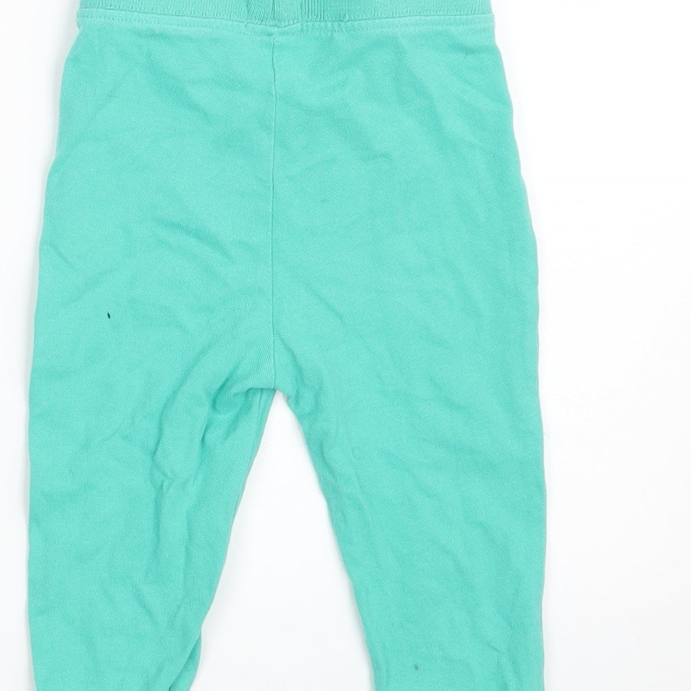 Brand and care label for Baby boys’ green jogger trousers, size 12, months - inside leg 9-inch