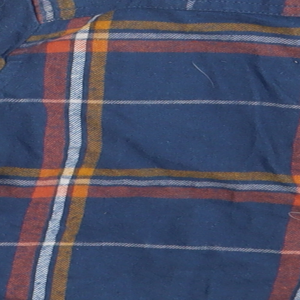 Brand and care label for Mini Club boys’ blue check basic button-up, size 12-18, months