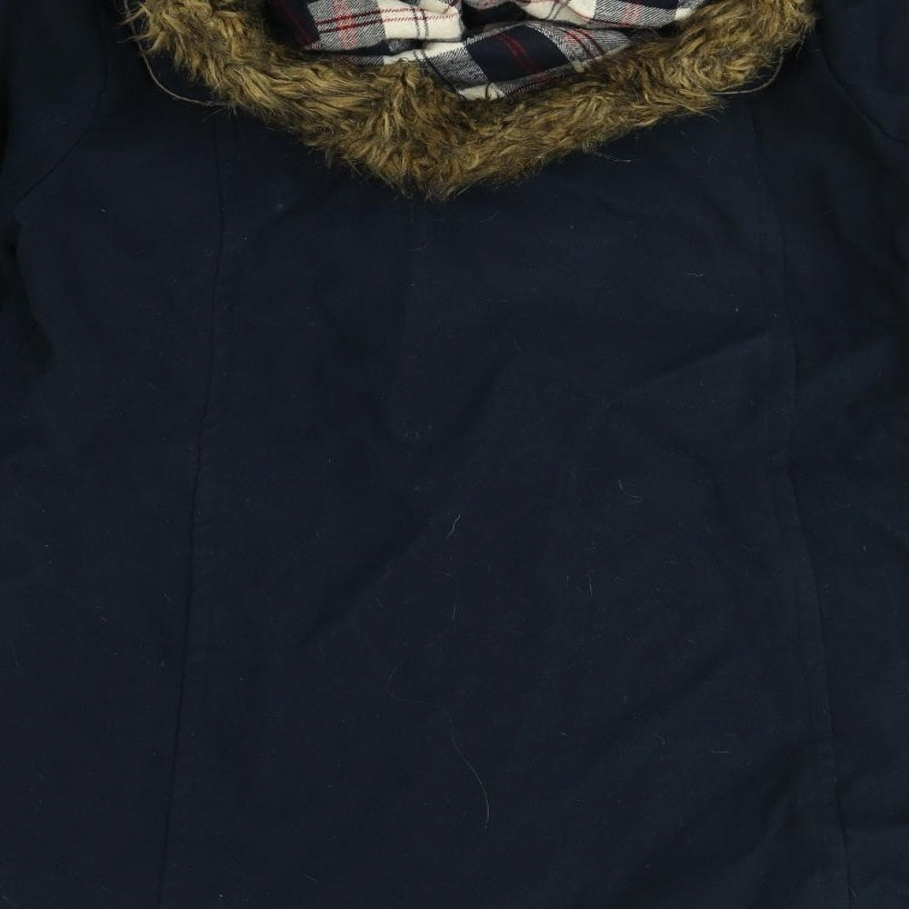 Brand and care label for Internationale women’s blue parka coat, size UK 12
