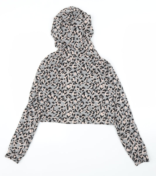 Select Womens Grey Animal Print Pullover Hoodie Size 6 - Leopard print