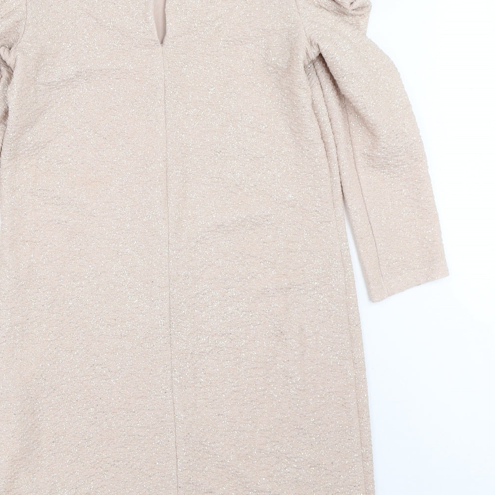 Brand and care label for Miss Selfridge women’s beige bodycon, size UK 6