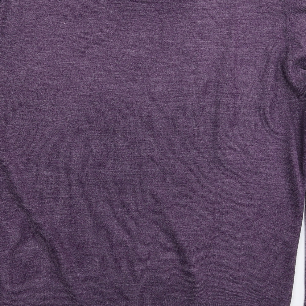 Brand and care label for Thomas Nas men’s purple knit jumper, size S
