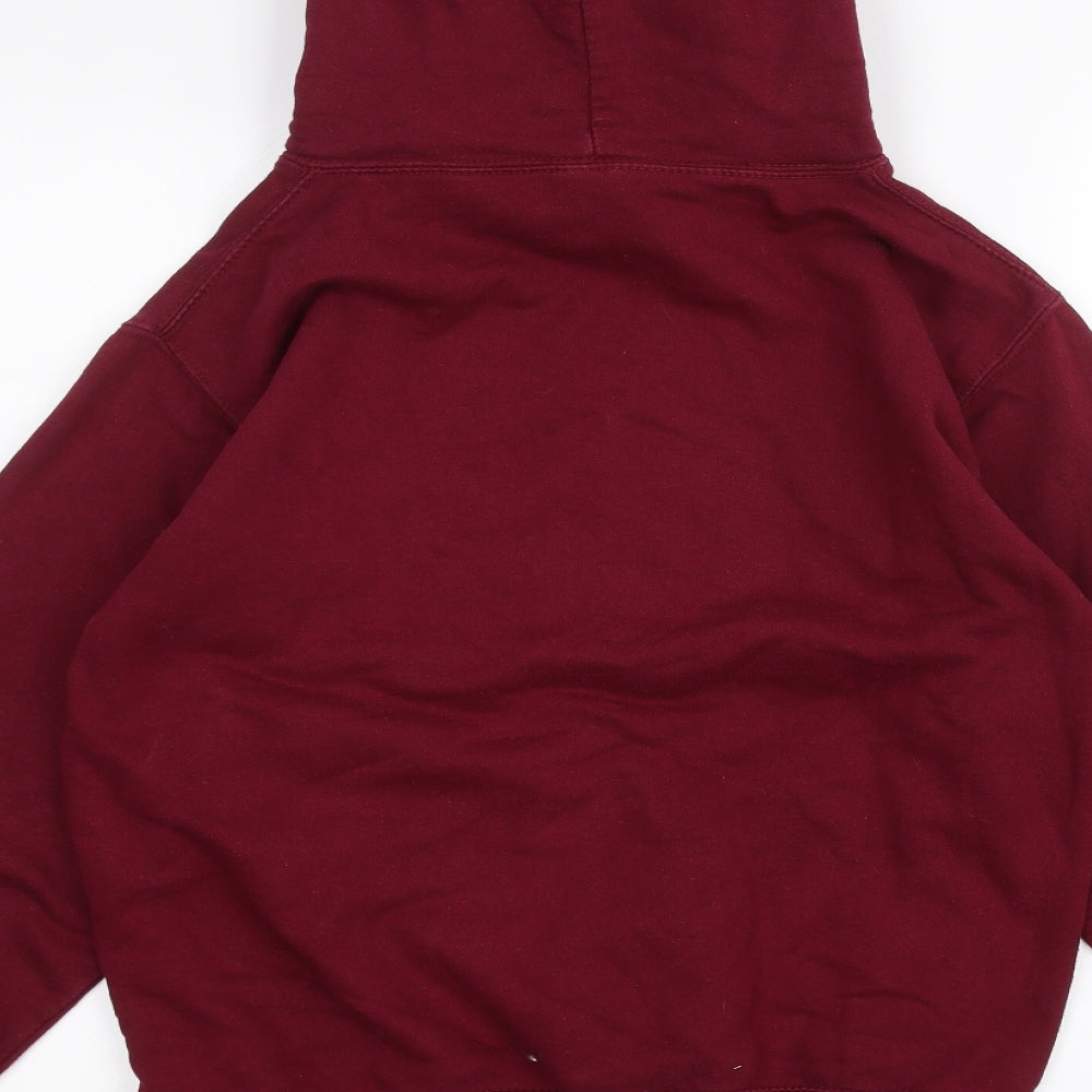 Brand and care label for Just hoods women’s red pullover hoodie, size S