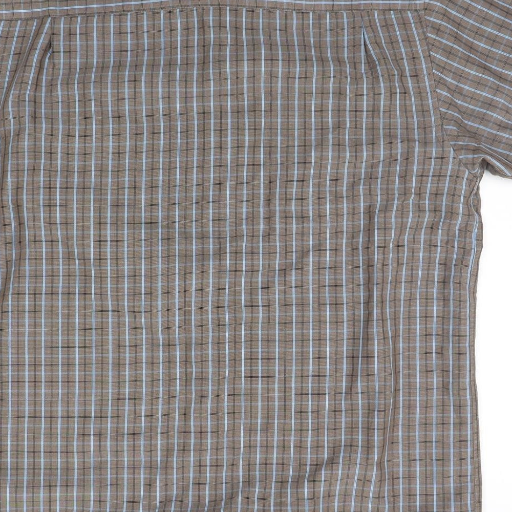 Brand and care label for Wosley men’s brown polka dot button-up, size L