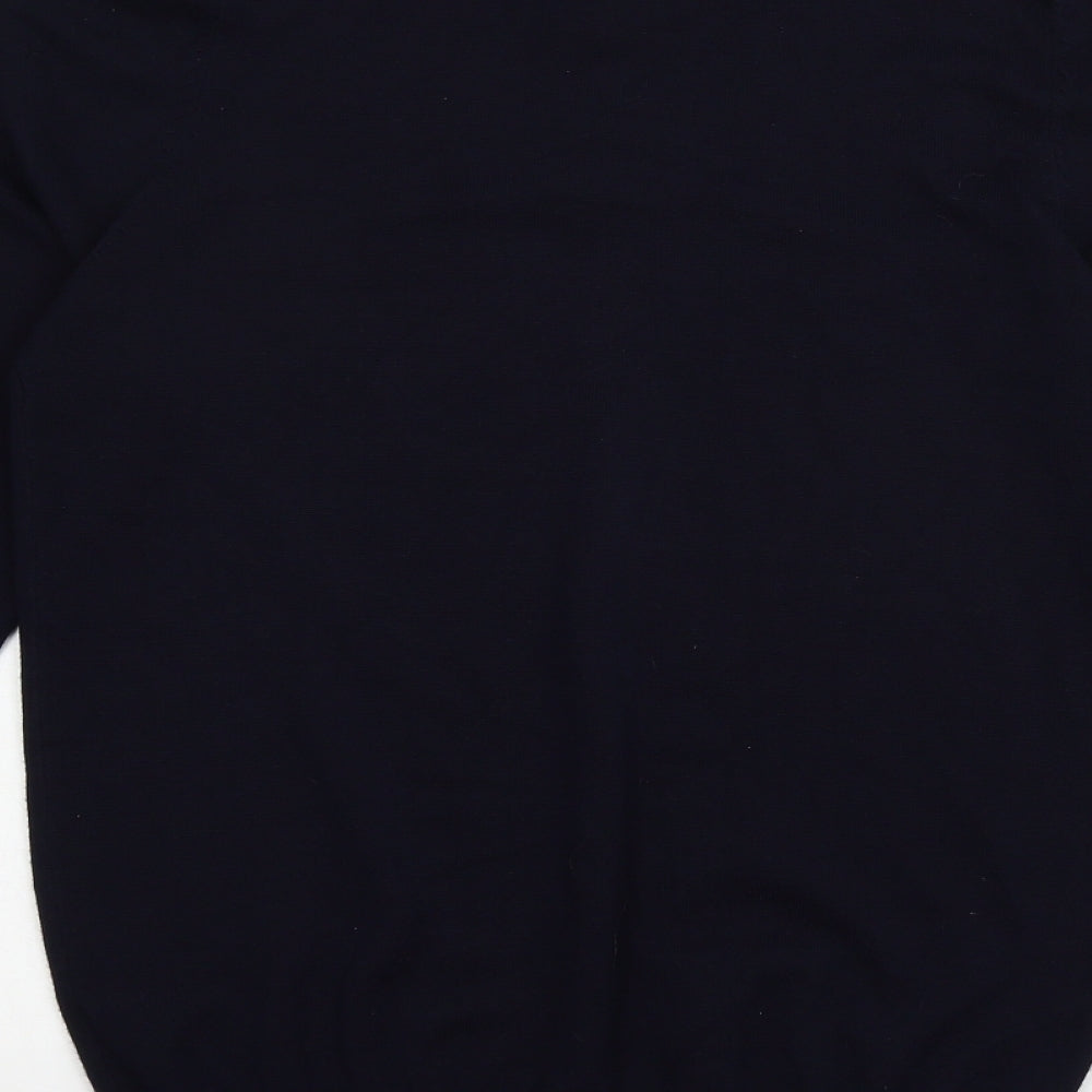 Brand and care label for Easy men’s blue knit jumper, size S