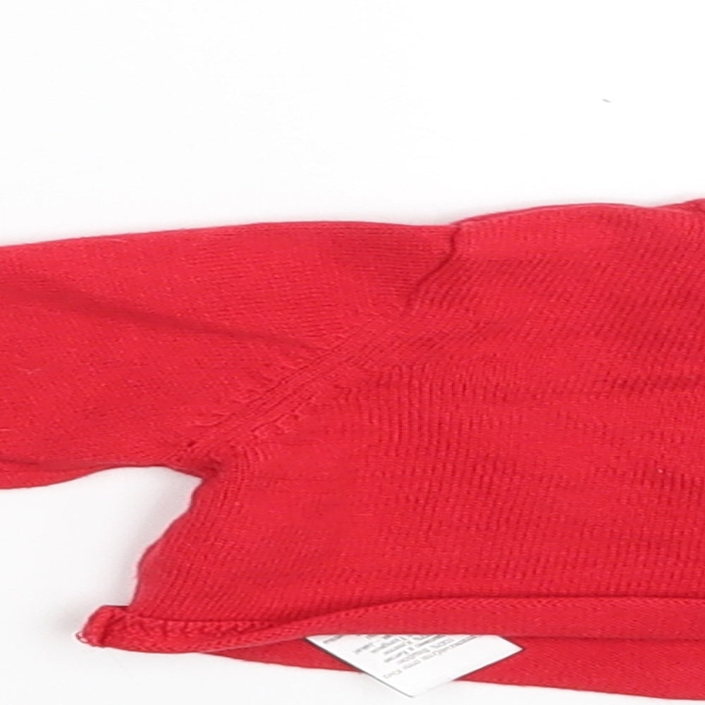 Brand and care label for Next girls’ red cardigan jumper, size 6-9, months - collar to hem 6 in
