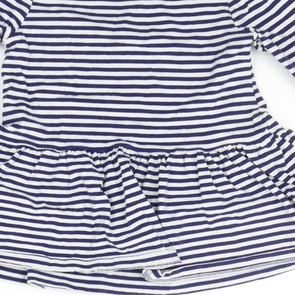 Brand and care label for F&F boys’ blue striped t-shirt dress, size 18-24, months
