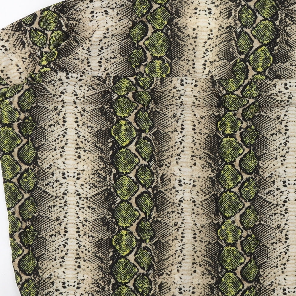 Brand and care label for Missguided women’s green animal print basic blouse, size UK 8
