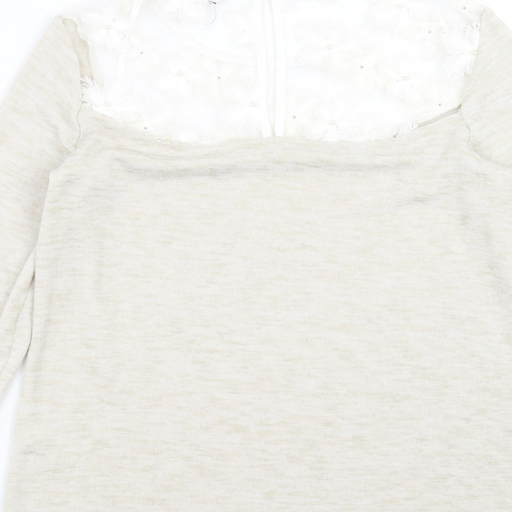 TU Womens Beige Knit Pullover Jumper Size 8 - floral neck detail