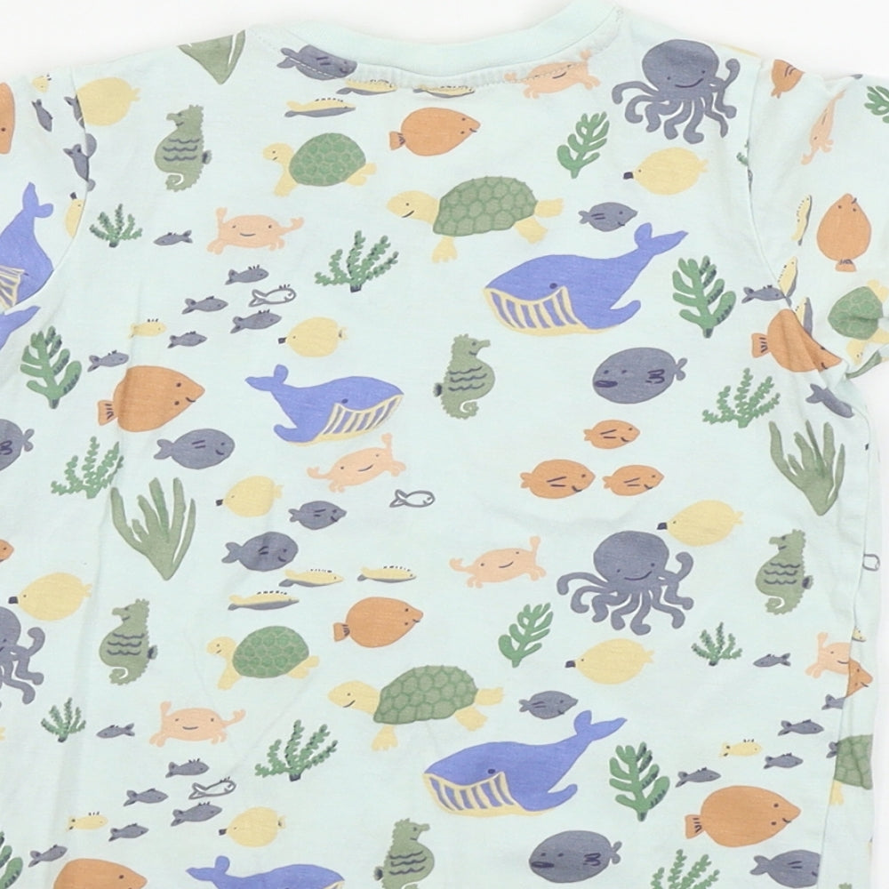 Brand and care label for H&M boys’ blue animal print basic t-shirt, size 12-18, months
