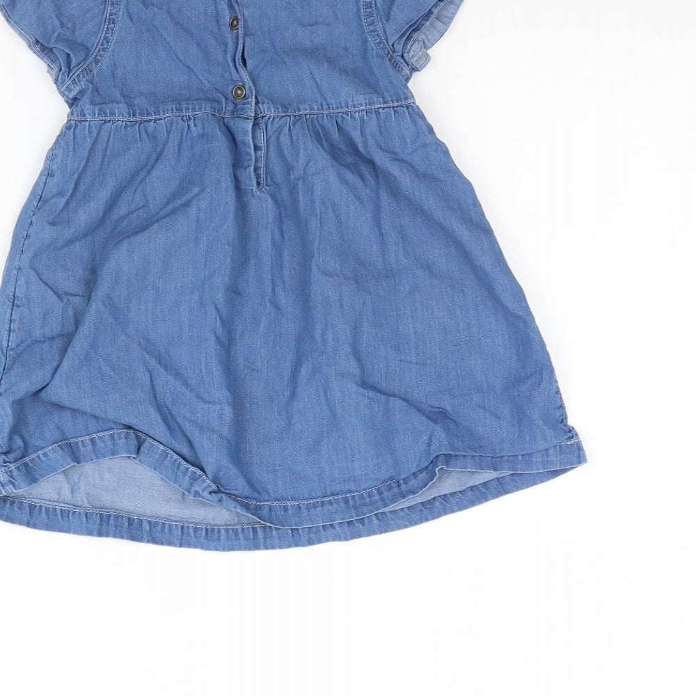 Brand and care label for Peacocks girls’ blue denim fit & flare, size 9-12, months