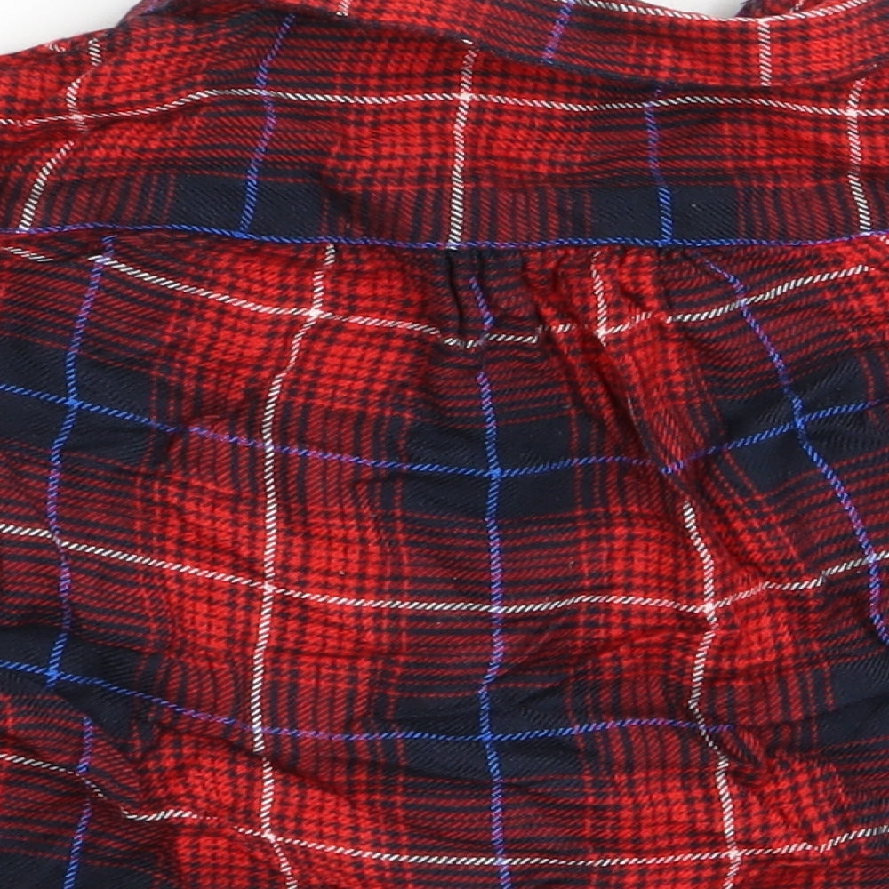 Brand and care label for River Island Mini girls’ red check basic blouse, size 0-3, months - frilled cuffs