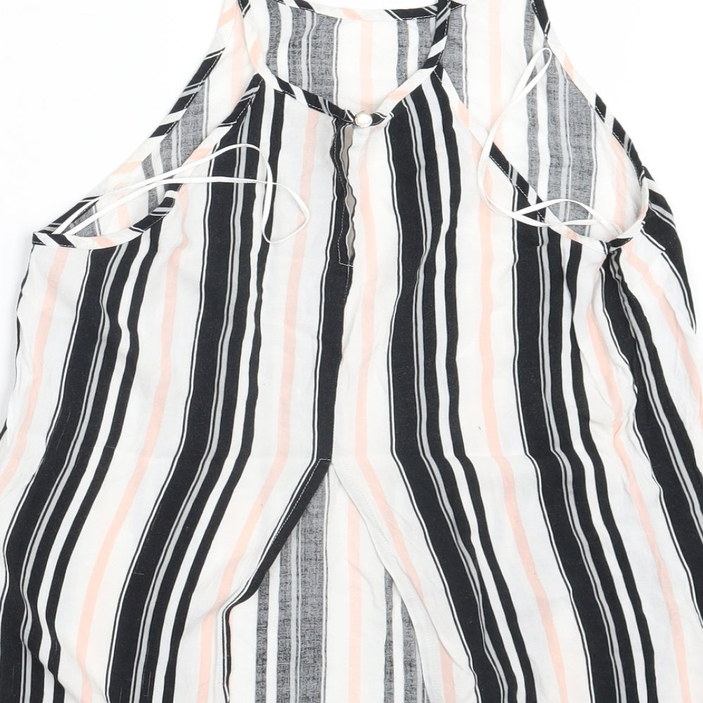 Brand and care label for Miss Selfridge women’s black striped basic tank, size UK 10