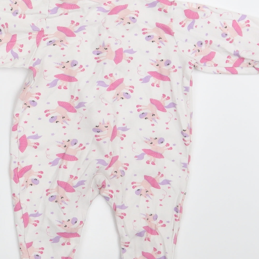 Brand and care label for Unicorn girls’ white animal print romper one-piece, size 3-6, months - unicorn