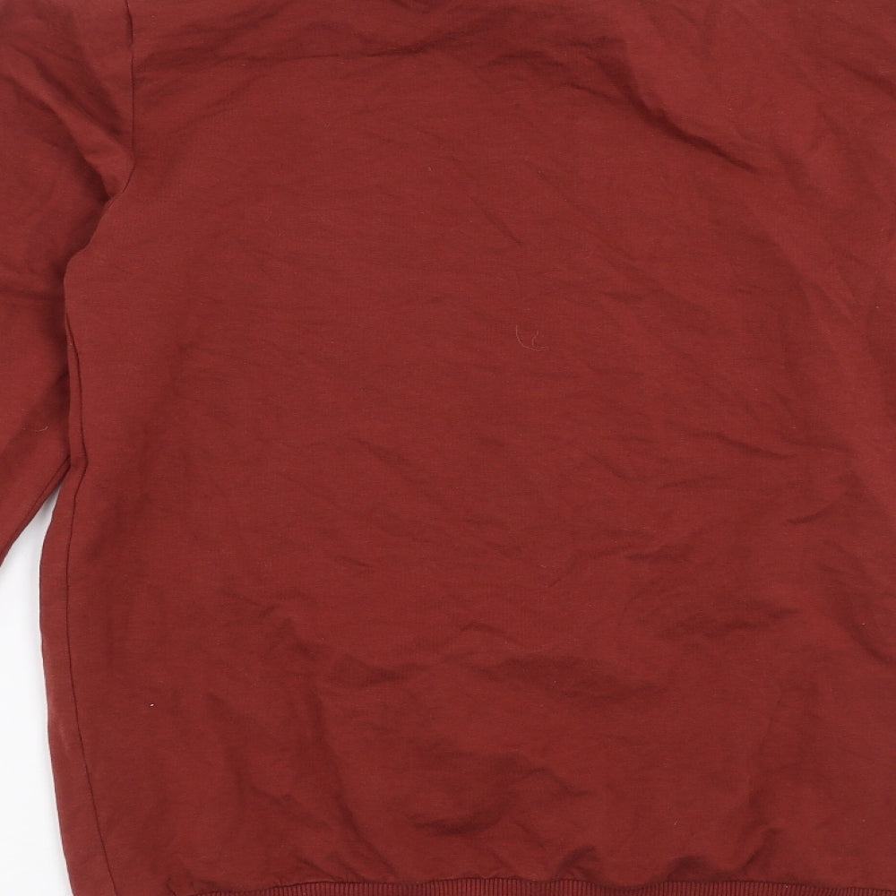 Brand and care label for ASOS men’s brown pullover sweatshirt, size M