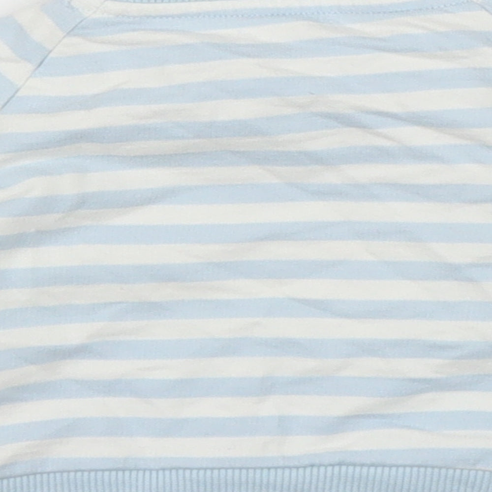 Brand and care label for Mothercare boys’ blue striped jumper, size 0-3, months