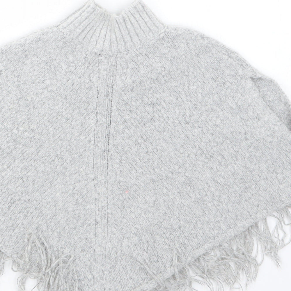 Brand and care label for Young Dimension girls’ grey knit cape jumper, size 18-24, months