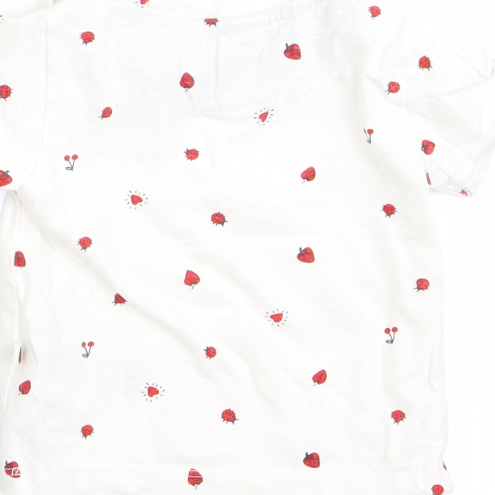 Brand and care label for Mothercare girls’ white polka dot basic t-shirt, size 0-3, months - heart strawberry ladybird print