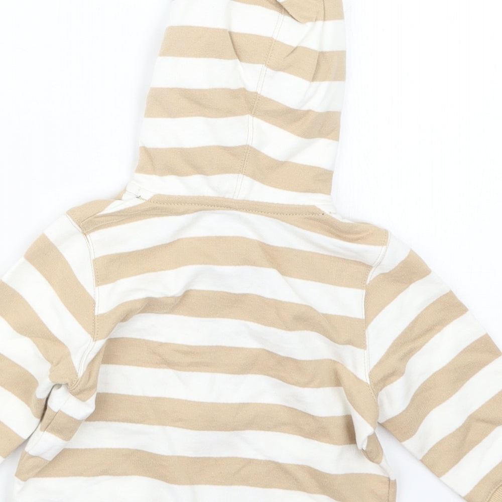Brand and care label for Little Me boys’ beige striped jacket, size 6-9, months